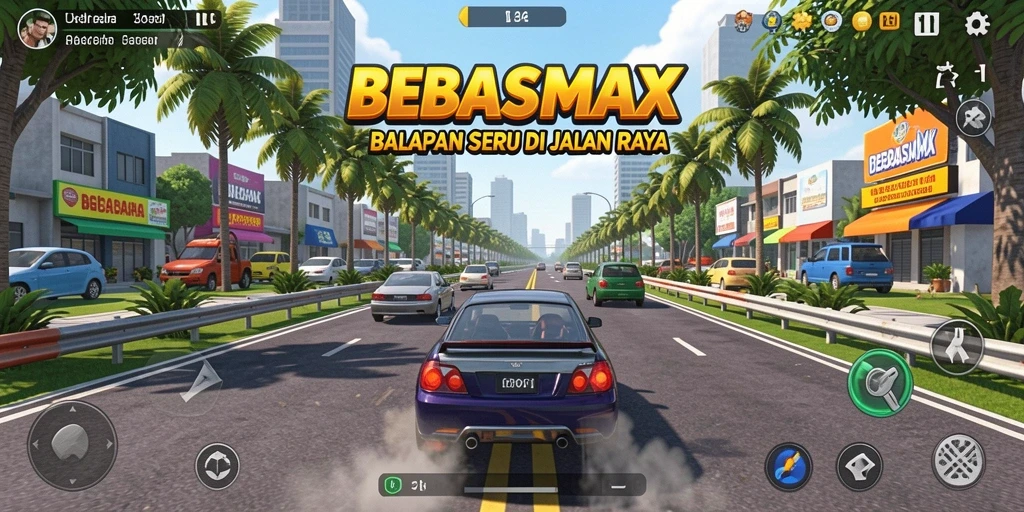 Gameplay balapan seru di BEBASMAX dengan grafik memukau.