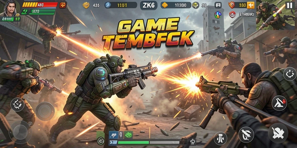 Screenshot utama ZK6 menampilkan aksi tembak-menembak yang mendebarkan.